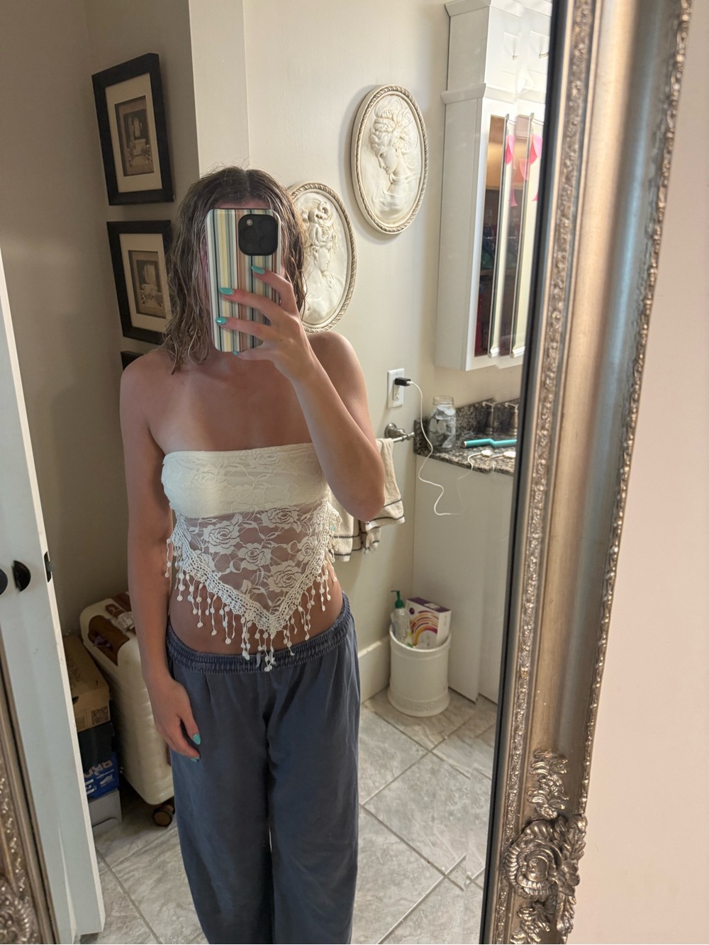 Edikted White Lace Strapless Crochet Fringe Top
